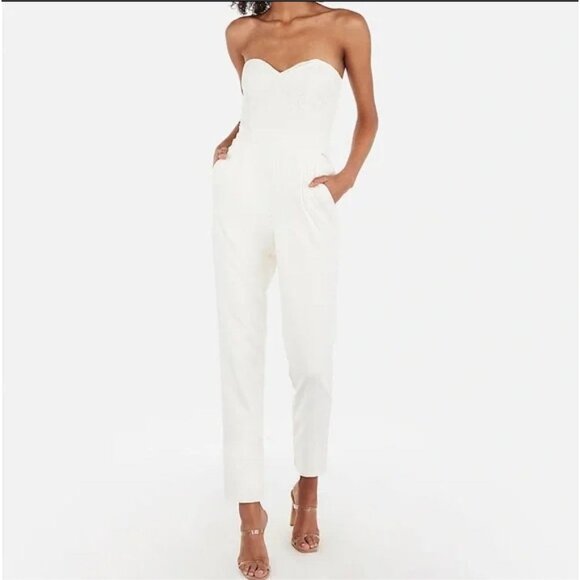Express Strapless Lined Ivory Jumpsuit Exposed Back Zip Pockets Boning Sz O NWT - Picture 2 of 9